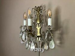 Pair Antique French Crystal & Brass Sconces Three Light Louis XVI Style Wired