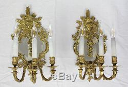 Pair Antique French Louis XIV 3-Arm Gilt Bronze Sconces (wall lamps), c. 1880
