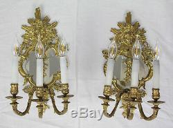 Pair Antique French Louis XIV 3-Arm Gilt Bronze Sconces (wall lamps), c. 1880