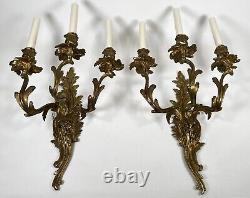 Pair Antique French Louis XV Rococo Gilt Bronze Ormolu 3-Light 22 Wall Sconces