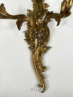 Pair Antique French Louis XV Rococo Gilt Bronze Ormolu 3-Light 22 Wall Sconces