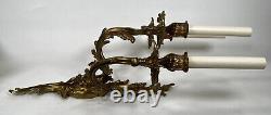 Pair Antique French Louis XV Rococo Gilt Bronze Ormolu 3-Light 22 Wall Sconces