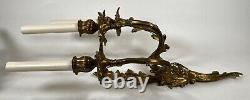 Pair Antique French Louis XV Rococo Gilt Bronze Ormolu 3-Light 22 Wall Sconces