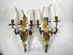 Pair Antique French Louis XV Rococo Gilt Bronze Ormolu 3-Light 22 Wall Sconces