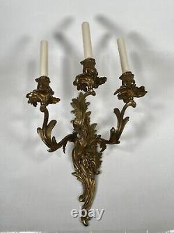 Pair Antique French Louis XV Rococo Gilt Bronze Ormolu 3-Light 22 Wall Sconces