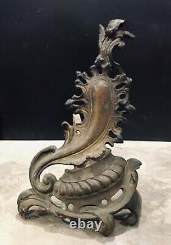 Pair Antique French Louis XV Rococo Style Bronze Brass Acanthus Andirons Vintage