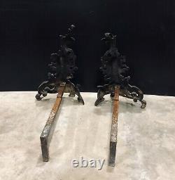 Pair Antique French Louis XV Rococo Style Bronze Brass Acanthus Andirons Vintage