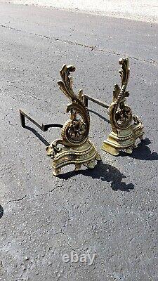 Pair Antique French Louis XV Rococo Style Gold Gilt Andirons Fire Dogs