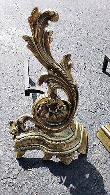 Pair Antique French Louis XV Rococo Style Gold Gilt Andirons Fire Dogs