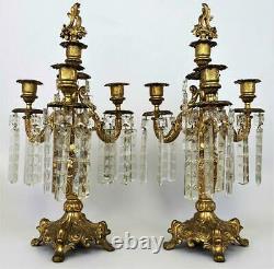 Pair Antique French Louis XV Victorian Gilt Crystal Girandole Candelabra Luster