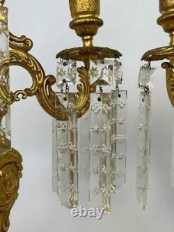 Pair Antique French Louis XV Victorian Gilt Crystal Girandole Candelabra Luster