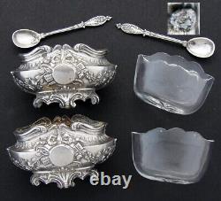 Pair Antique French Sterling Silver & Blown Glass Open Salts with Spoons, Empire