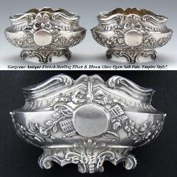 Pair Antique French Sterling Silver & Blown Glass Open Salts with Spoons, Empire