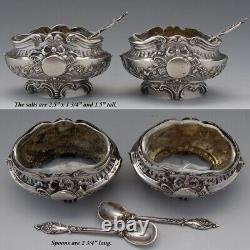 Pair Antique French Sterling Silver & Blown Glass Open Salts with Spoons, Empire