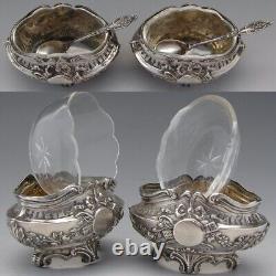 Pair Antique French Sterling Silver & Blown Glass Open Salts with Spoons, Empire