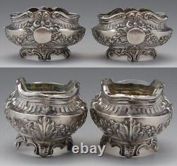 Pair Antique French Sterling Silver & Blown Glass Open Salts with Spoons, Empire