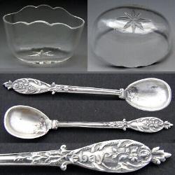 Pair Antique French Sterling Silver & Blown Glass Open Salts with Spoons, Empire