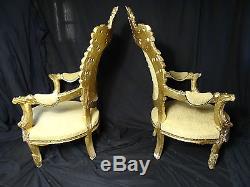 Pair Antique Gold Throne French Louis XVI Style Carved Gilt High Back Armchairs