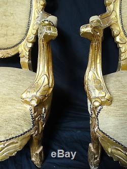 Pair Antique Gold Throne French Louis XVI Style Carved Gilt High Back Armchairs