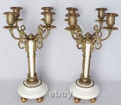 Pair Antique Louis XVI French Four Arm Bronze Marble Stone Taper Candelabras 13
