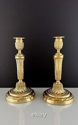 Pair Antique Louis XVI Style French Gilt Bronze Candlesticks Early 19th Century