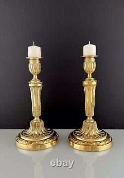 Pair Antique Louis XVI Style French Gilt Bronze Candlesticks Early 19th Century