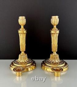 Pair Antique Louis XVI Style French Gilt Bronze Candlesticks Early 19th Century