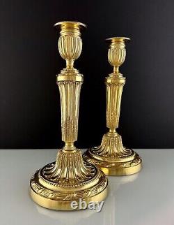 Pair Antique Louis XVI Style French Gilt Bronze Candlesticks Early 19th Century