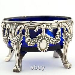 Pair Antique Ornate French Louis XVI Style Solid Sterling Silver Salts. 1838
