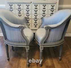 Pair Blue Barrel Back French Louis XVI Slipper Accent Chairs Shabby Chic Country