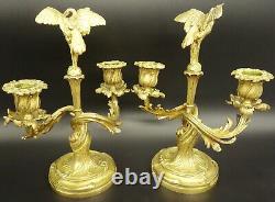 Pair Candleholders Herons Louis XV Style Era 19th Bronze French Antique