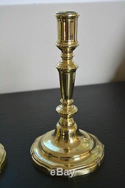 Pair Elegant French Louis XV Brass Bronze Candlesticks Peened Stem C. 1750