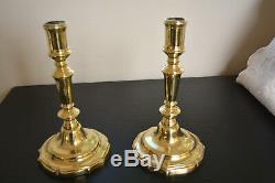 Pair Elegant French Louis XV Brass Bronze Candlesticks Peened Stem C. 1750