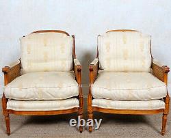 Pair French Bergere Armchairs 2 Lounge Chairs Vintage Canework Louis XVI