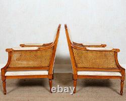 Pair French Bergere Armchairs 2 Lounge Chairs Vintage Canework Louis XVI