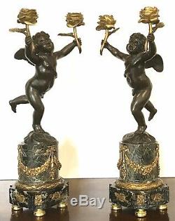 Pair French Bronze And Marble Louis XVI Clodion Style Candelabras