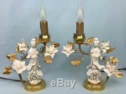Pair French Chinoiserie Rococo Louis XV Bronze Ormolu Porcelain Boudoir Lamps