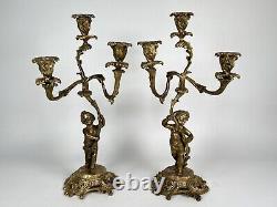 Pair French Louis XV Rococo Gilt Bronze Dore Ormolu Putti Candelabra Candlestick