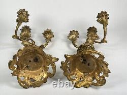 Pair French Louis XV Rococo Gilt Bronze Dore Ormolu Putti Candelabra Candlestick