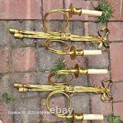 Pair French Louis XVI Style Brass Wall Sconces Ribbon Bow Tassel Vintage Marked
