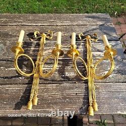 Pair French Louis XVI Style Brass Wall Sconces Ribbon Bow Tassel Vintage Marked