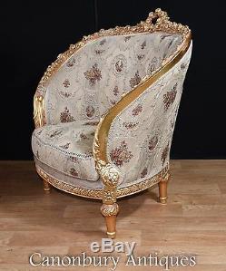 Pair French Louis XVI Tub Chairs Gilt Arm Chair