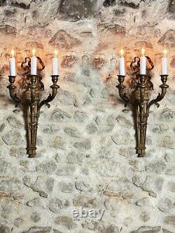 Pair Grand antique French Chateau Louis XVI style Bronze triple wall electric