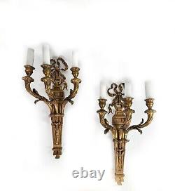 Pair Grand antique French Chateau Louis XVI style Bronze triple wall electric