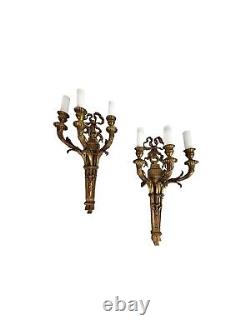 Pair Grand antique French Chateau Louis XVI style Bronze triple wall electric