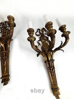 Pair Grand antique French Chateau Louis XVI style Bronze triple wall electric