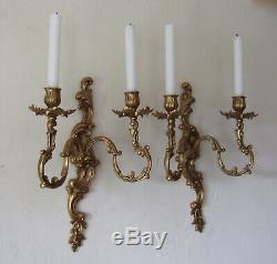 Pair Large Antique French Gilt Bronze Louis XV 2 Branch Wall Candle Sconces