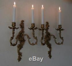 Pair Large Antique French Gilt Bronze Louis XV 2 Branch Wall Candle Sconces