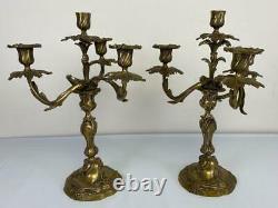 Pair Large French Louis XV Rococo Bronzed Ormolu 4-Light Candelabra Candlesticks