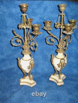 Pair Louis X1V Candelabaras Brass Beige Marble Dragon Heads Antique Beautiful